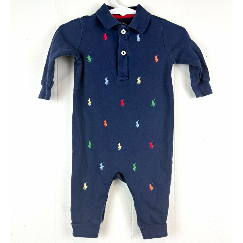 Ralph Lauren Baby Boys One-Piece Coverall Dark Blue Collared Logo Cotton Sz 6M